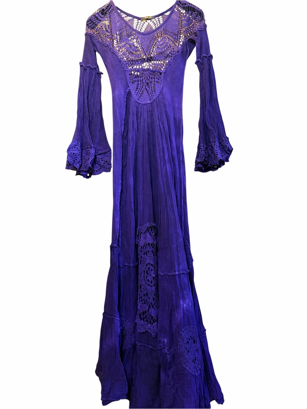 Vintage Cotton Handmade Crochet Bell Sleeve Maxi Dress Tall Purple Sestra Moja